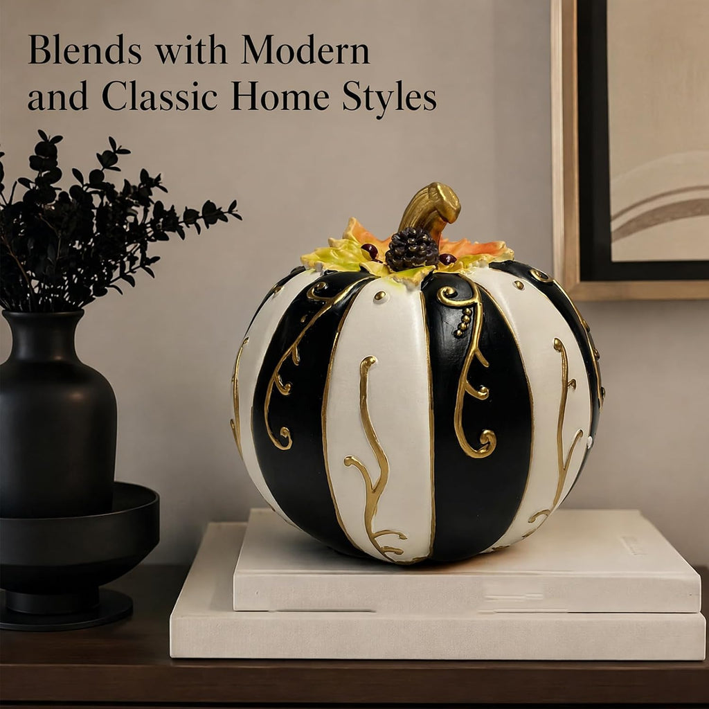 Farmhouse Lighted Pumpkin Figurine Resin Black White Striped Gold Swirl | Warm Flickering Glow Glowing Centerpiece Fall Halloween Thanksgiving Indoor Table Fireplace Autumn Decor