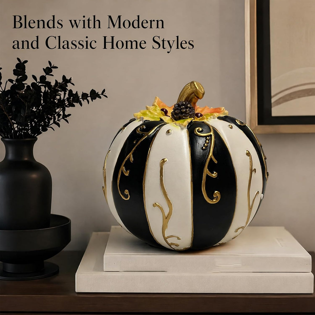 Farmhouse Lighted Pumpkin Figurine Resin Black White Striped Gold Swirl | Warm Flickering Glow Glowing Centerpiece Fall Halloween Thanksgiving Indoor Table Fireplace Autumn Decor