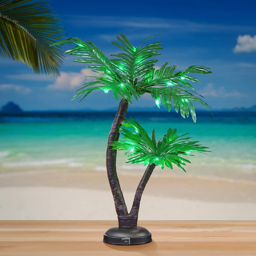 24 Lighted Palm Tree Decor, Tropical Tabletop LED Palm Tree Light with 25 Green LEDs, Battery Powered & Low Voltage Input, 6H Timer, Frosted Metal Base for Tiki Bar, Party, Bedroom