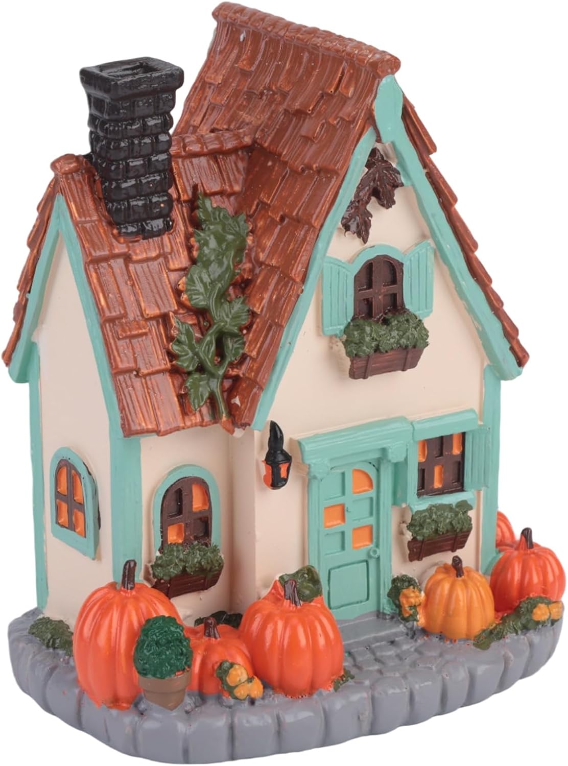 Lighted Resin Pumpkin House, LED Warm Glow Cottage Tabletop Decor | Hidden LED Inside, Auto Timer, Stone Base, 19cm Tall, No Assembly, for Mantel Entryway Shelf