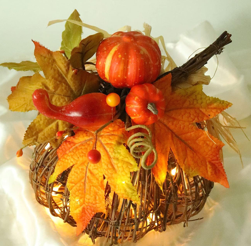8 Inch Lighted Pumpkin Fall Decor – LED Thanksgiving Decoration with Maple Leaves, Berries, and Pumpkin, Autumn Harvest Centerpiece for Table, Indoor Outdoor Outdoor Pumpkins for Porch Home Display