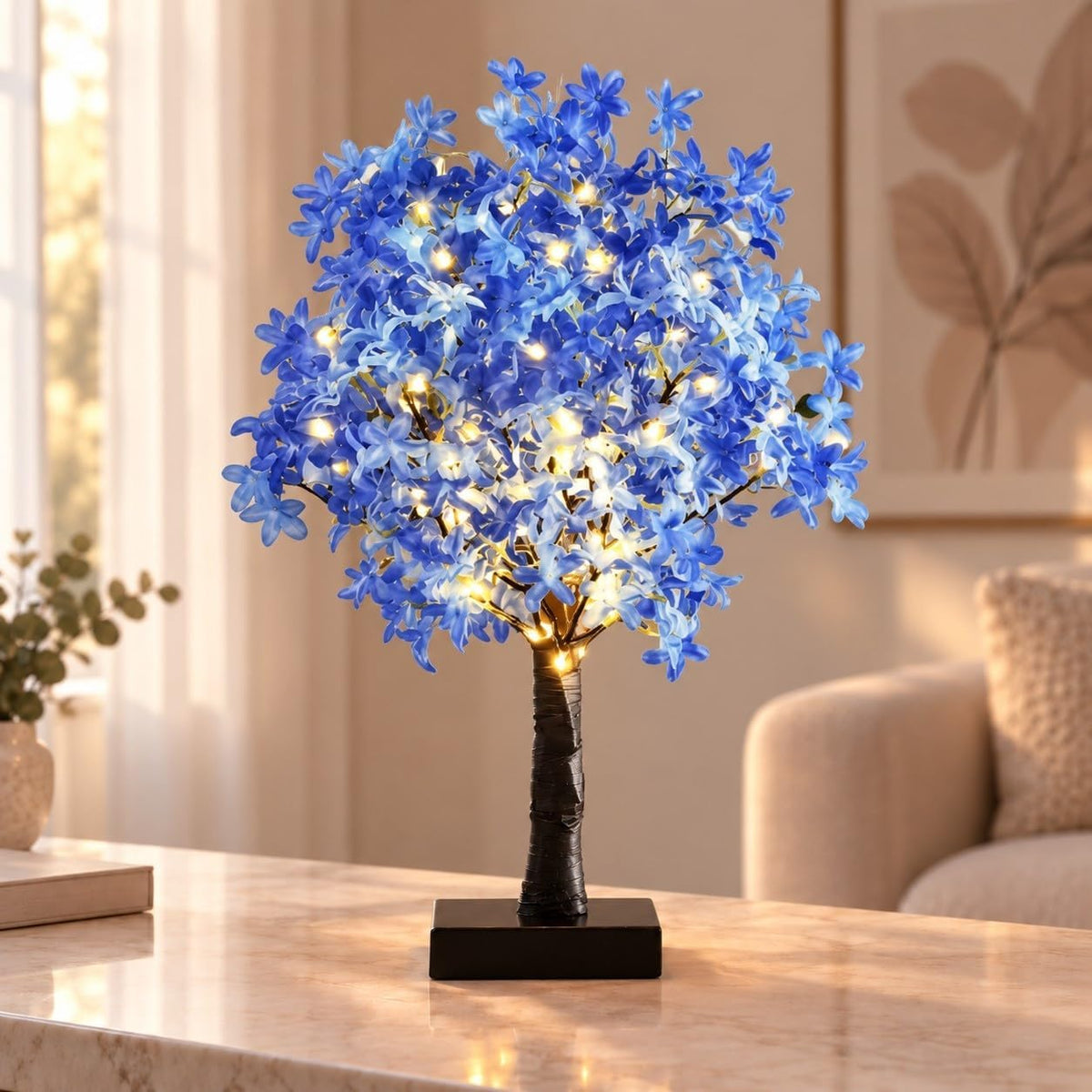 Cherry Blossom Tree Light, LED Tabletop Flower Lamp for Indoor Decor | Faux blossoms and bendable branches bring a soft glow to bedroom deco for flower lovers.(Sky blue)