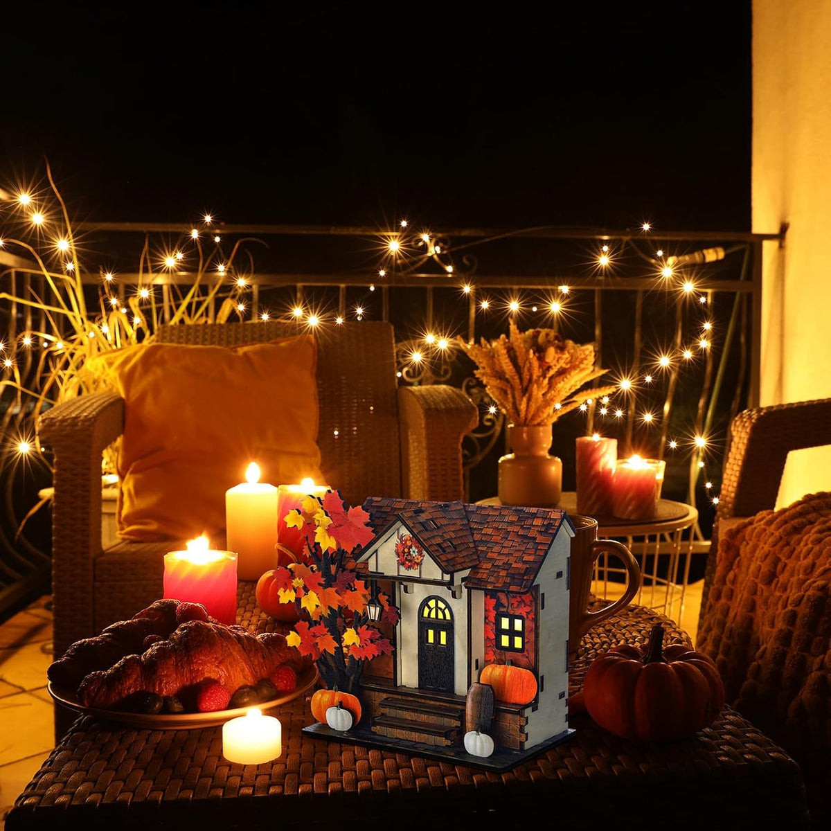GlikCeil Fall Vintage Light up Pumpkins Cottage Halloween Decor Figurine | Autumn Handcrafted Wood, Glowing Pumpkin Table Decor, LED Harvest Maple House, Rustic Thanksgiving Decor Courtyard Decor