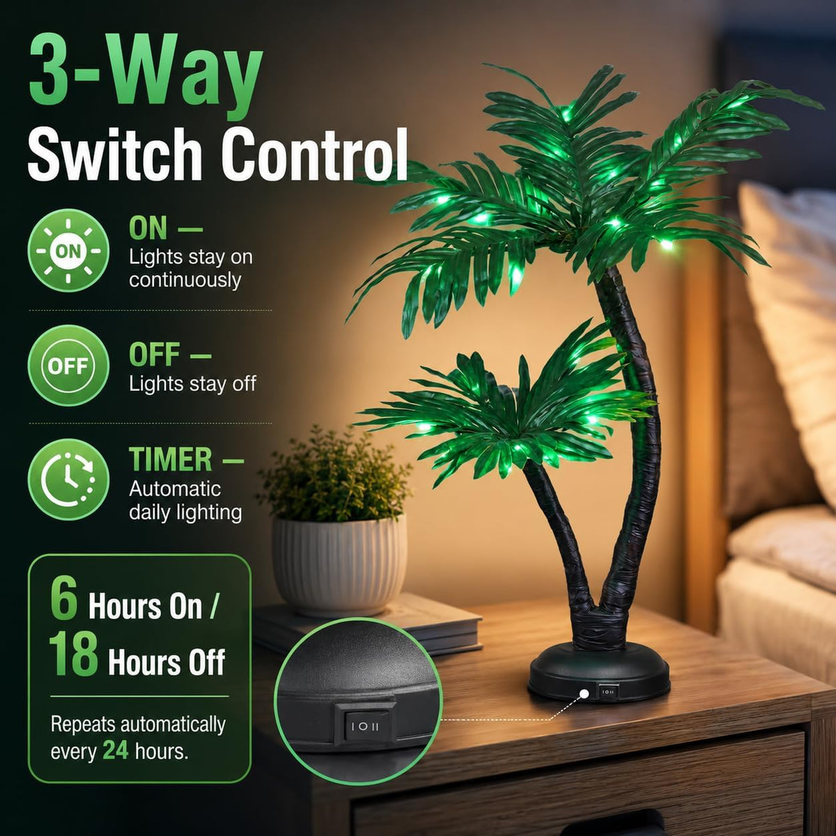 24 Lighted Palm Tree Decor, Tropical Tabletop LED Palm Tree Light with 25 Green LEDs, Battery Powered & Low Voltage Input, 6H Timer, Frosted Metal Base for Tiki Bar, Party, Bedroom