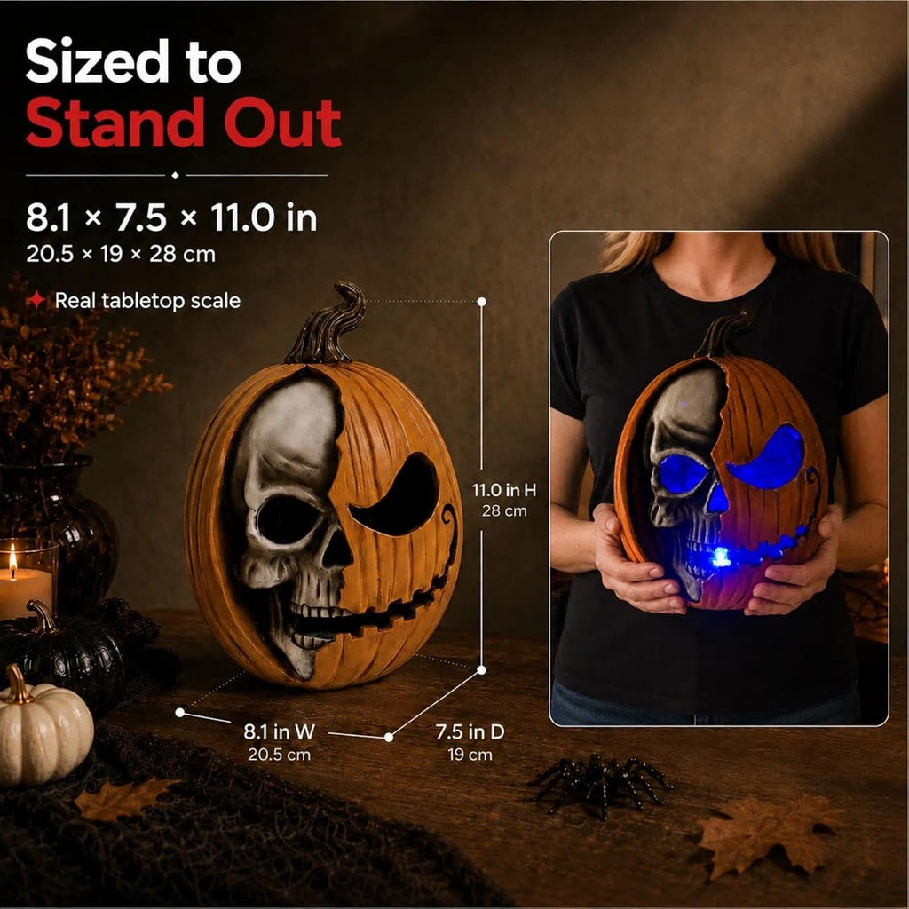 Led Light Up Jack O Lantern, Pumpkin Skull Halloween Decorations for Home | 11 Large Lighted Resin Scary Skeleton Head Figurine, Spooky Decor for Outdoor Front Porch Door, Indoor Table Top, Mantle
