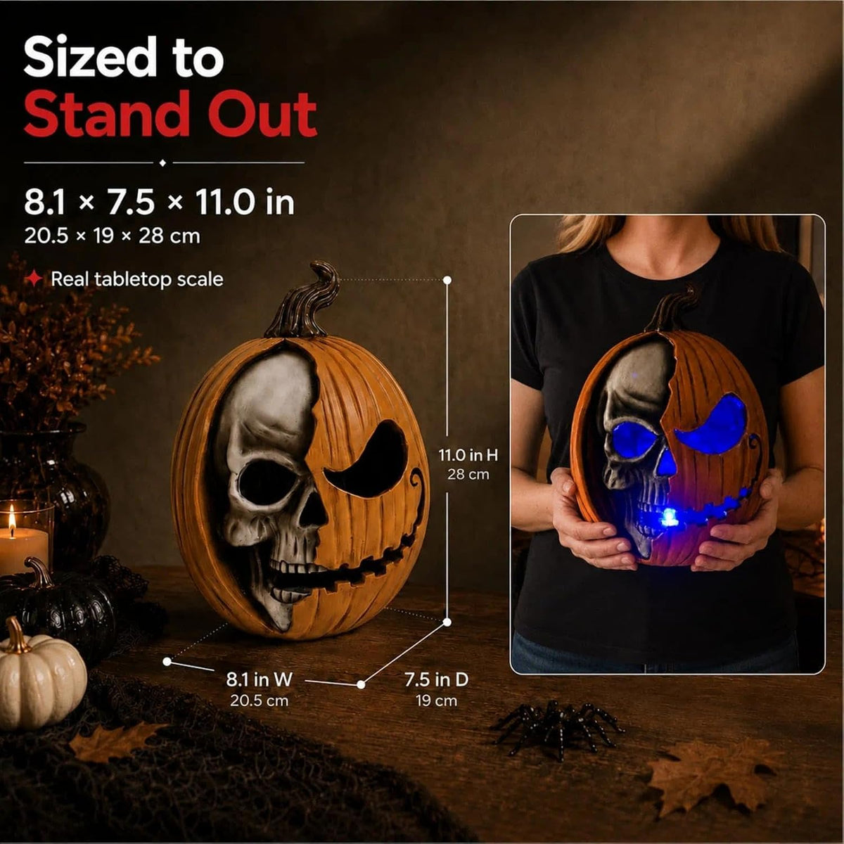 Led Light Up Jack O Lantern, Pumpkin Skull Halloween Decorations for Home | 11 Large Lighted Resin Scary Skeleton Head Figurine, Spooky Decor for Outdoor Front Porch Door, Indoor Table Top, Mantle