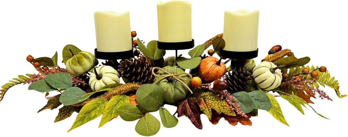 Svndlyn 26 Inch Fall Candle Holder Centerpiece with Pumpkins Pinecones | Three Black Candle Cups with Eucalyptus Leaves, Acorn and Berry Accents for Fall, Harvest and Thanksgiving Decor