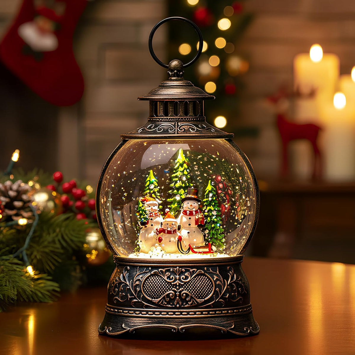 Fall Harvest Snow Globe Lantern, Lighted Autumn Pumpkin Snow Globe with Sunflowers, Scarecrow & Fence, Vintage Tabletop Thanksgiving Decor for Home, Living Room, Mantel, Farmhouse