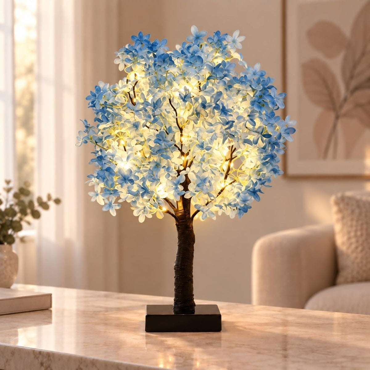 Cherry Blossom Tree Light, LED Tabletop Flower Lamp for Indoor Decor | Faux blossoms and bendable branches bring a soft glow to bedroom deco for flower lovers.(Purple)