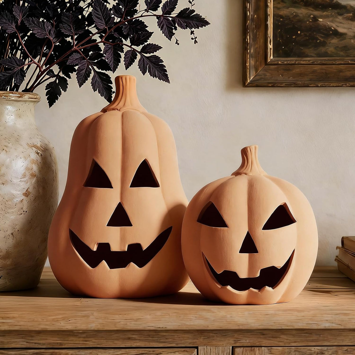 Halloween Decorations, Set of 2 Handmade Terracotta Jack O' Lanterns | Cozy Fall Decor for Home, Indoor Outdoor Autumn Farmhouse Decor for Porch, Front Door, Mantel, Table Centerpiece