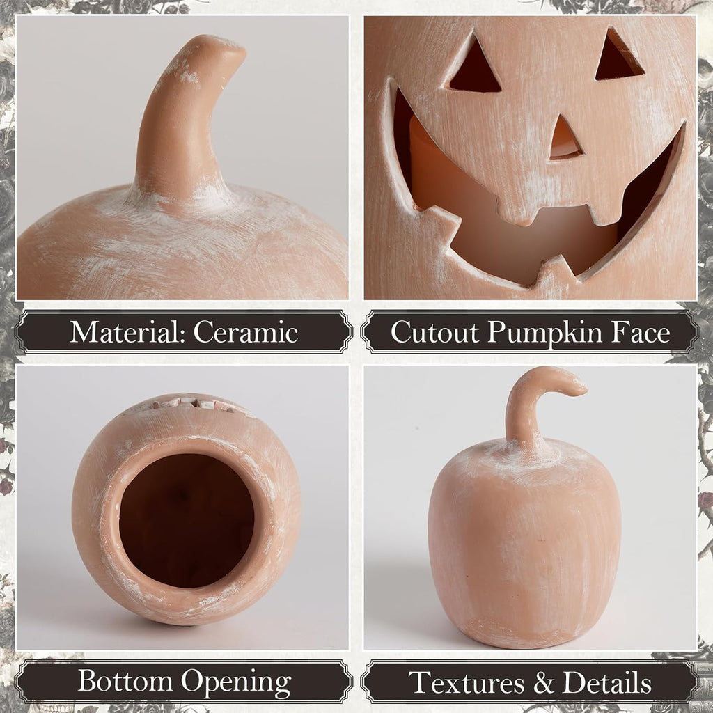 DN DECONATION Halloween Fall Pumpkin Decor, Jack O Lantern Tealight Holders | Terracotta Pumpkin Tea Light Candle Holders, Carved Face, For Fall Halloween Decorations, Farmhouse Table Mantle Decor, 2PCS