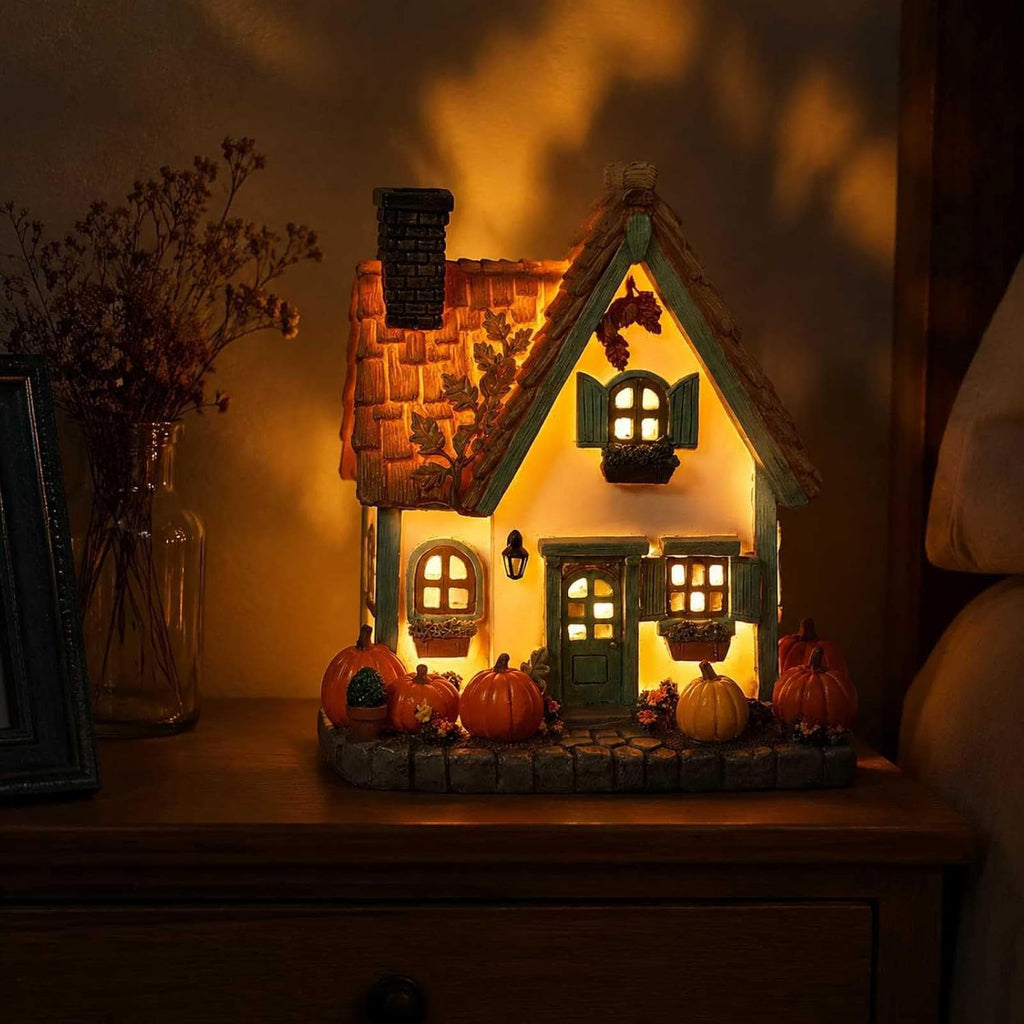 Lighted Resin Pumpkin House, LED Warm Glow Cottage Tabletop Decor | Hidden LED Inside, Auto Timer, Stone Base, 19cm Tall, No Assembly, for Mantel Entryway Shelf