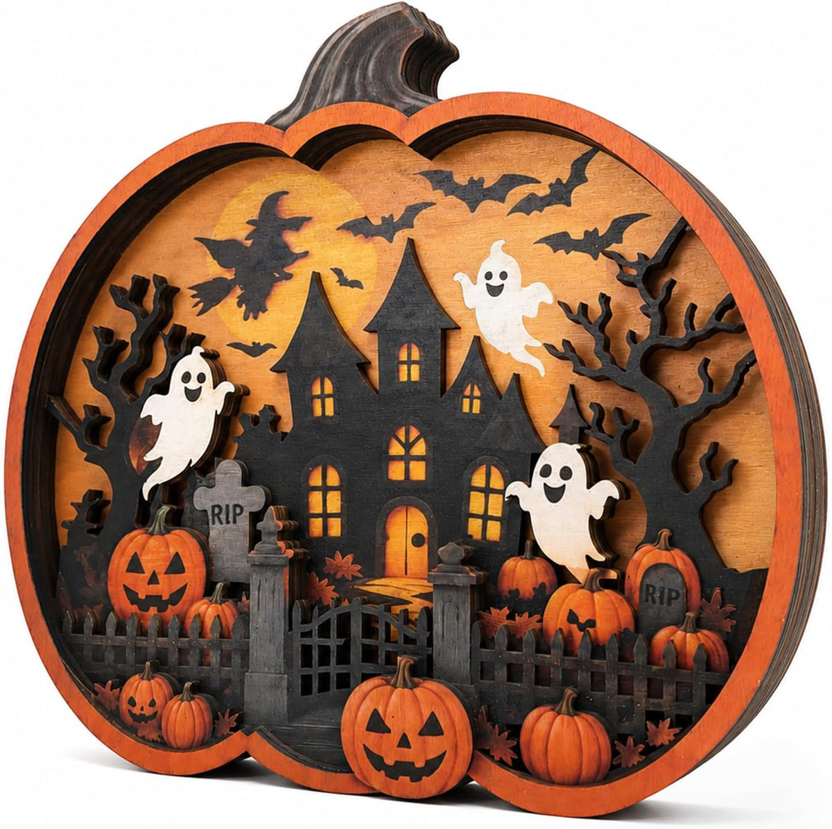 Vintage Halloween Decor 2026, 3D Wooden Pumpkin Decor, Spooky Halloween Tabletop Decoration, Rustic Shelf Mantel Ornament for Home (Pumpkin Sign)