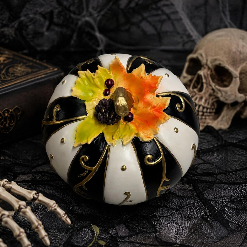 Farmhouse Lighted Pumpkin Figurine Resin Black White Striped Gold Swirl | Warm Flickering Glow Glowing Centerpiece Fall Halloween Thanksgiving Indoor Table Fireplace Autumn Decor