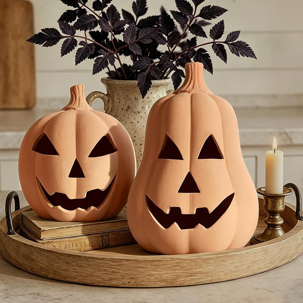 Halloween Decorations, Set of 2 Handmade Terracotta Jack O' Lanterns | Cozy Fall Decor for Home, Indoor Outdoor Autumn Farmhouse Decor for Porch, Front Door, Mantel, Table Centerpiece