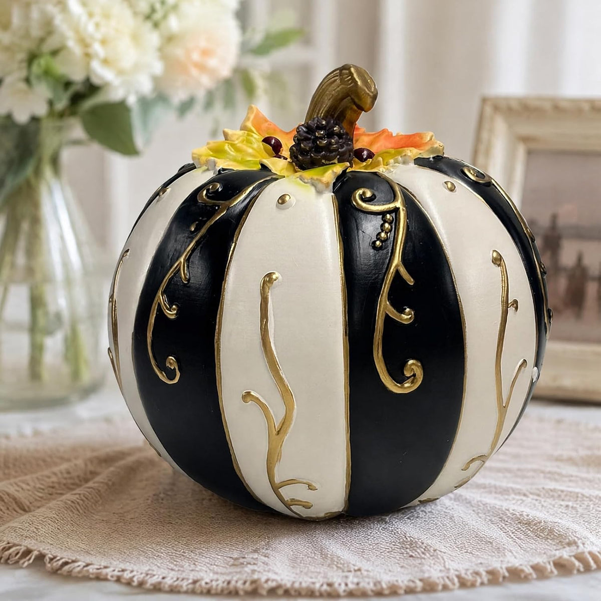 Farmhouse Lighted Pumpkin Figurine Resin Black White Striped Gold Swirl | Warm Flickering Glow Glowing Centerpiece Fall Halloween Thanksgiving Indoor Table Fireplace Autumn Decor