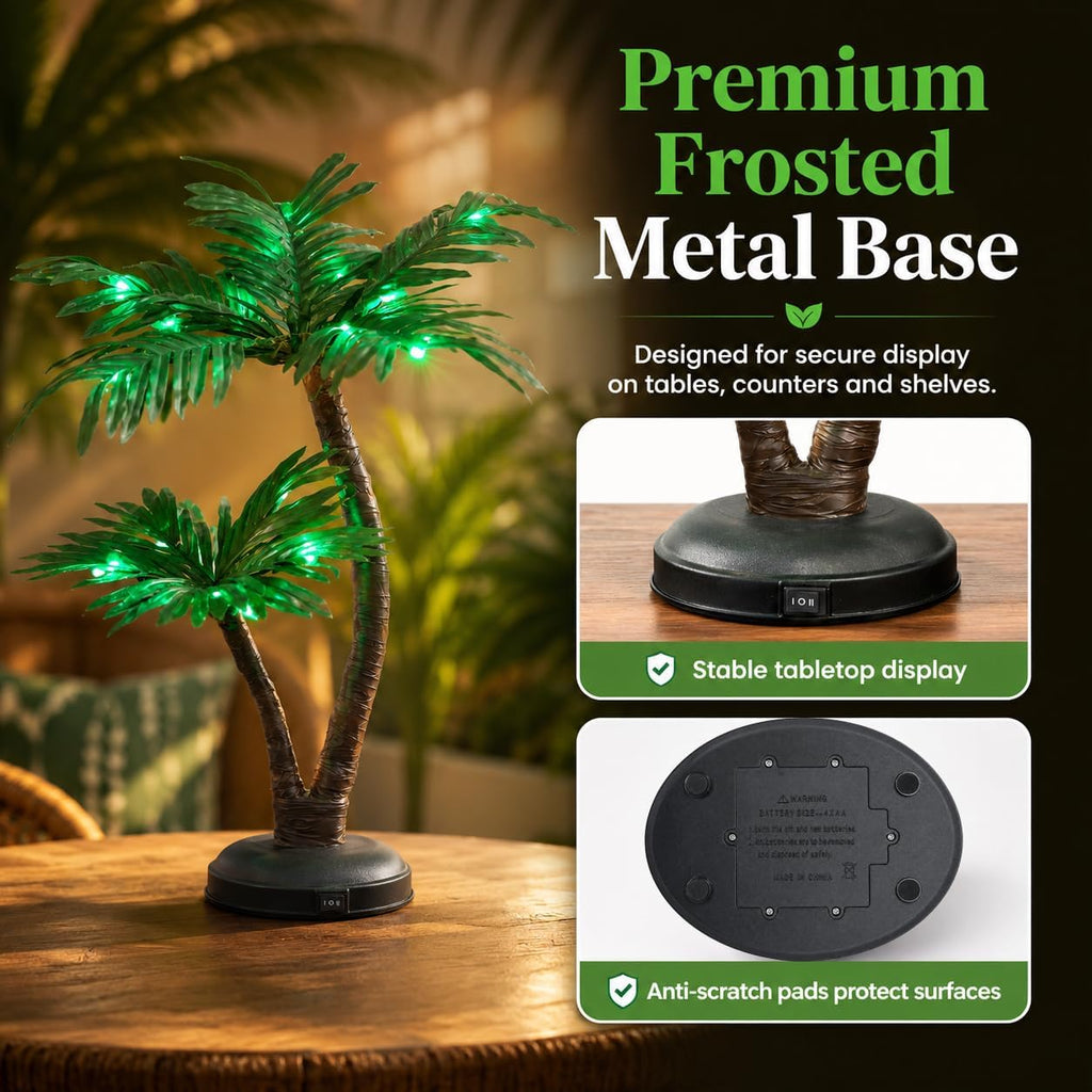 24 Lighted Palm Tree Decor, Tropical Tabletop LED Palm Tree Light with 25 Green LEDs, Battery Powered & Low Voltage Input, 6H Timer, Frosted Metal Base for Tiki Bar, Party, Bedroom