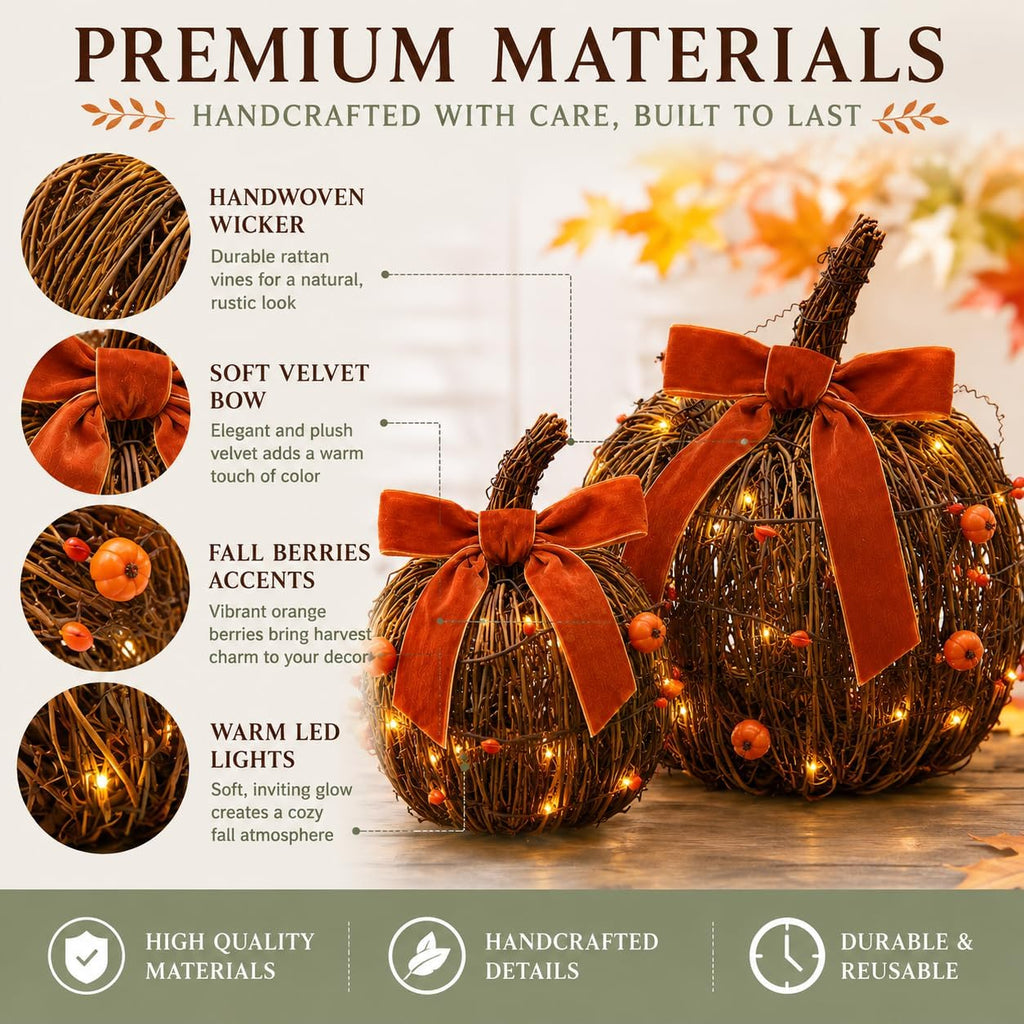 KnomeKo Lighted Fall Pumpkin Decor 2 Pack Rattan Pumpkins with Velvet Bow | Wicker Pumpkin Rustic Autumn Fall Decorations for Thanksgiving Farmhouse Harvest Mantel Entryway Centerpieces