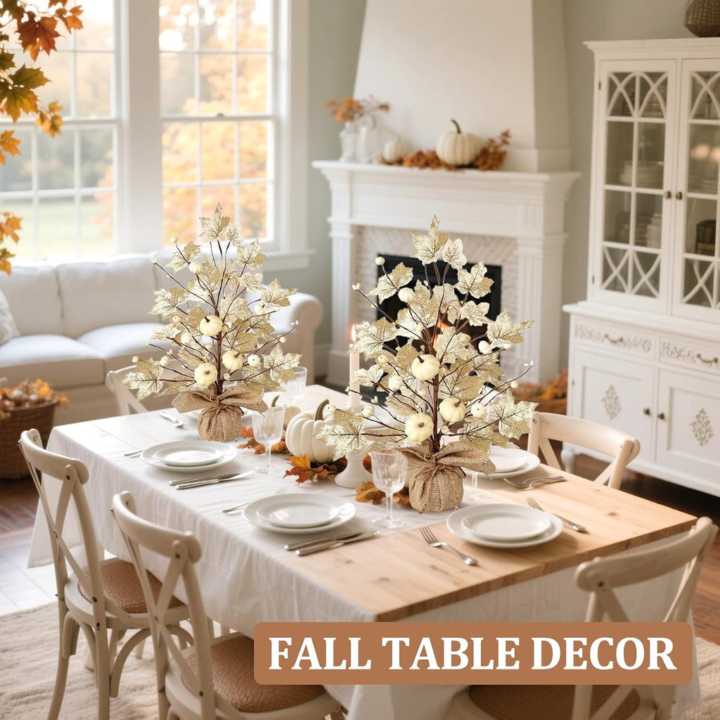 Timer - Fall Decor 2 Pack 18 Inch Lighted Fall Maples Tree 40 LED Lights | Fall Decorations for Home with White Pumpkins Berries Battery Operated Thanksgiving Decoration Autumn Indoor Table Fireplace