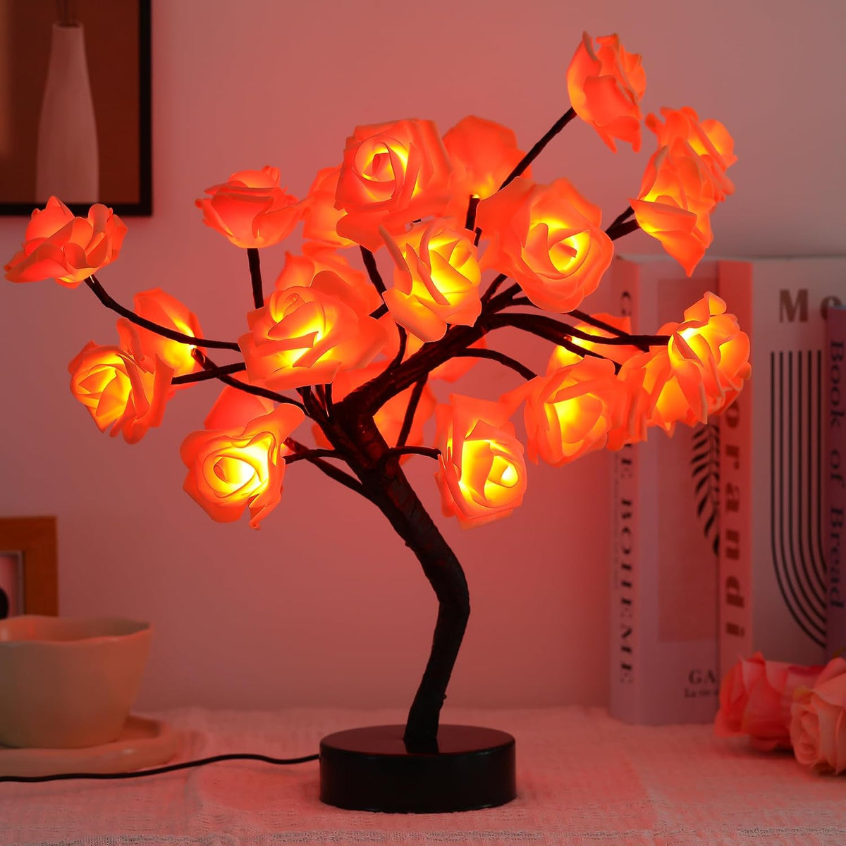 Drawelry Rose Flower Tree Lamp - LED Rose Tree Table Lamp USB/Battery Powered Artificial Bonsai Flower Night Light for Bedroom Living Room Party Wedding Valentines Mothers Day Decor (Red)