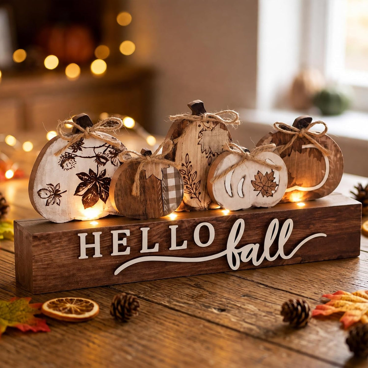 Chunful Lighted Pumpkins Teble Decor Rustic Fall Tabletop Sign | Fall Thanksgiving Table Centerpiece, 7.95×4.49 Inch Lighted Wooden Pumpkin for Home Office Fireplace Harvest Party Decor
