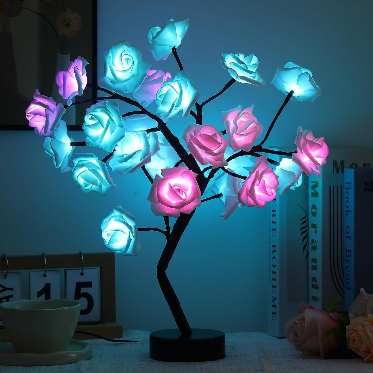 Drawelry Rose Flower Tree Lamp - LED Rose Tree Table Lamp USB/Battery Powered Artificial Bonsai Flower Night Light for Bedroom Living Room Party Wedding Valentines Mothers Day Decor (Red)