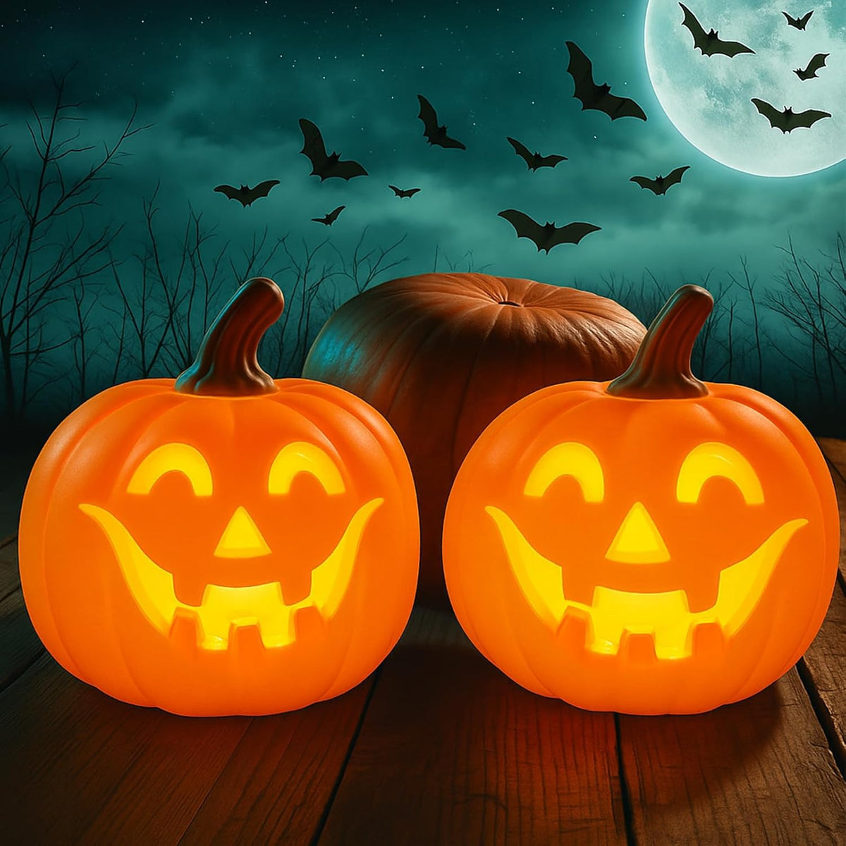 Kittmip 2 Pcs Halloween Jack O Lantern Pumpkins, Orange Warm Light | Battery Operated LED Lights, Light up Decor Indoor Outdoor, Spooky Carved Face for Halloween Party Porch Yard, Safe Flameless