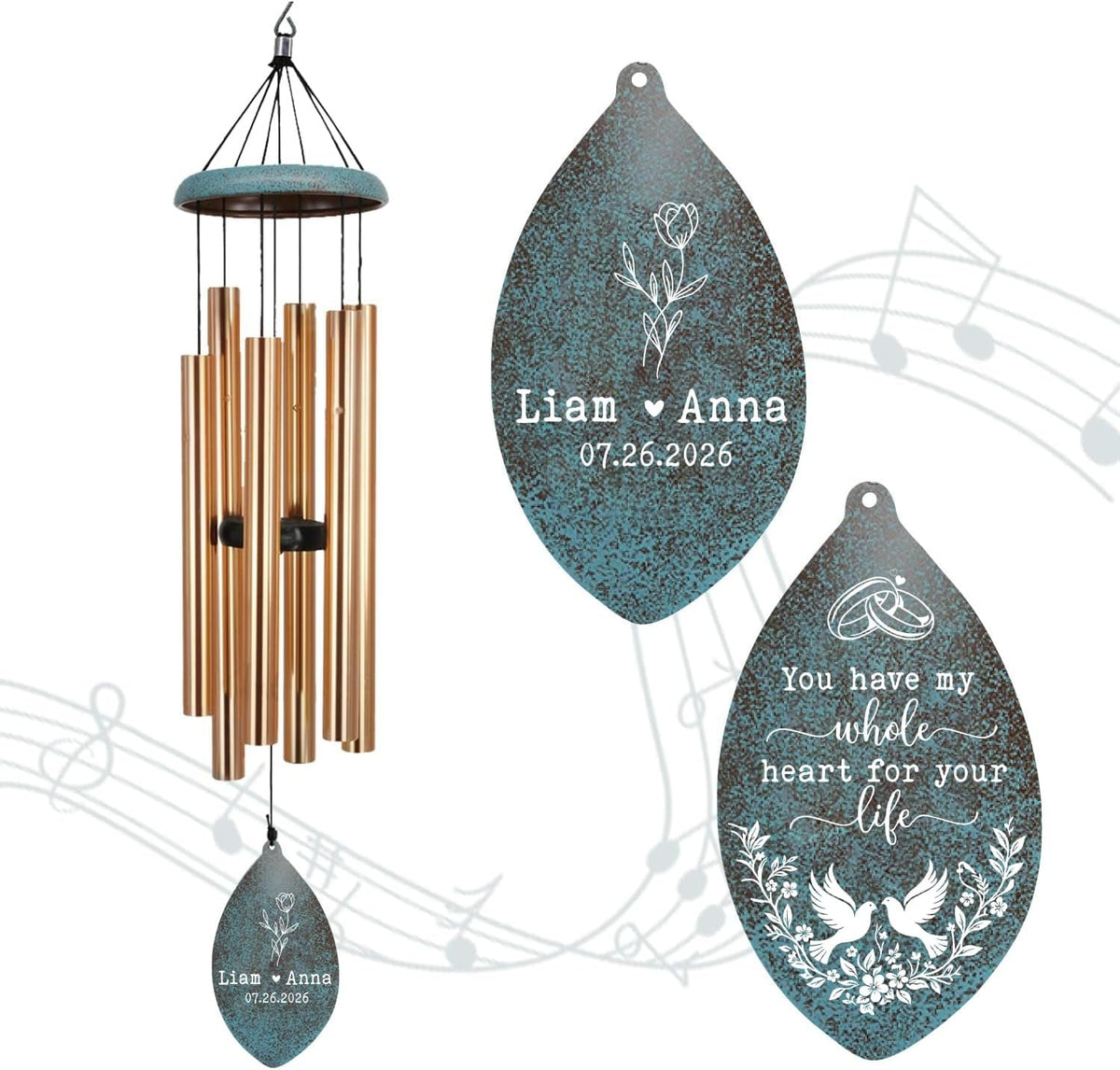 Extrabily Personalized Wind Chime, Customized Wedding for Couples, Husband/Wife Anniversary Wind Chime, Love Memory (26 Inch)