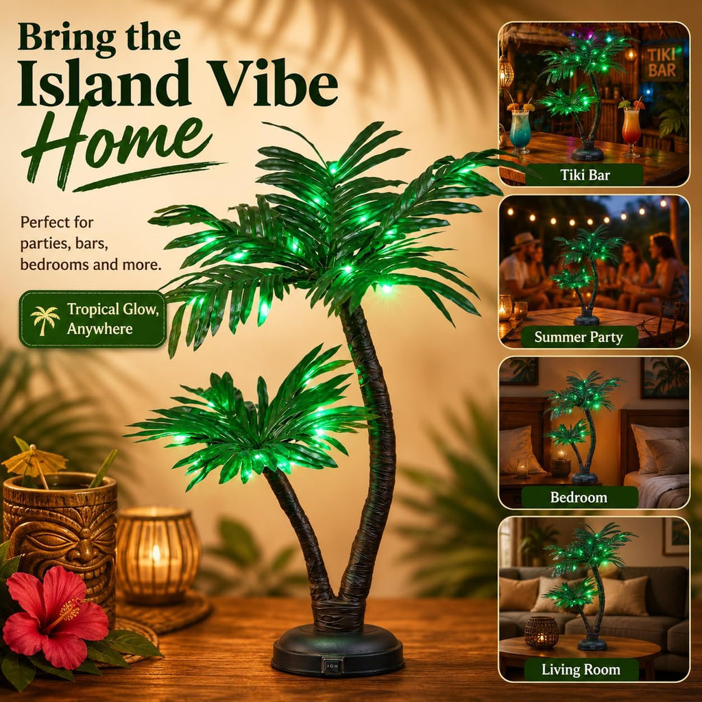 24 Lighted Palm Tree Decor, Tropical Tabletop LED Palm Tree Light with 25 Green LEDs, Battery Powered & Low Voltage Input, 6H Timer, Frosted Metal Base for Tiki Bar, Party, Bedroom