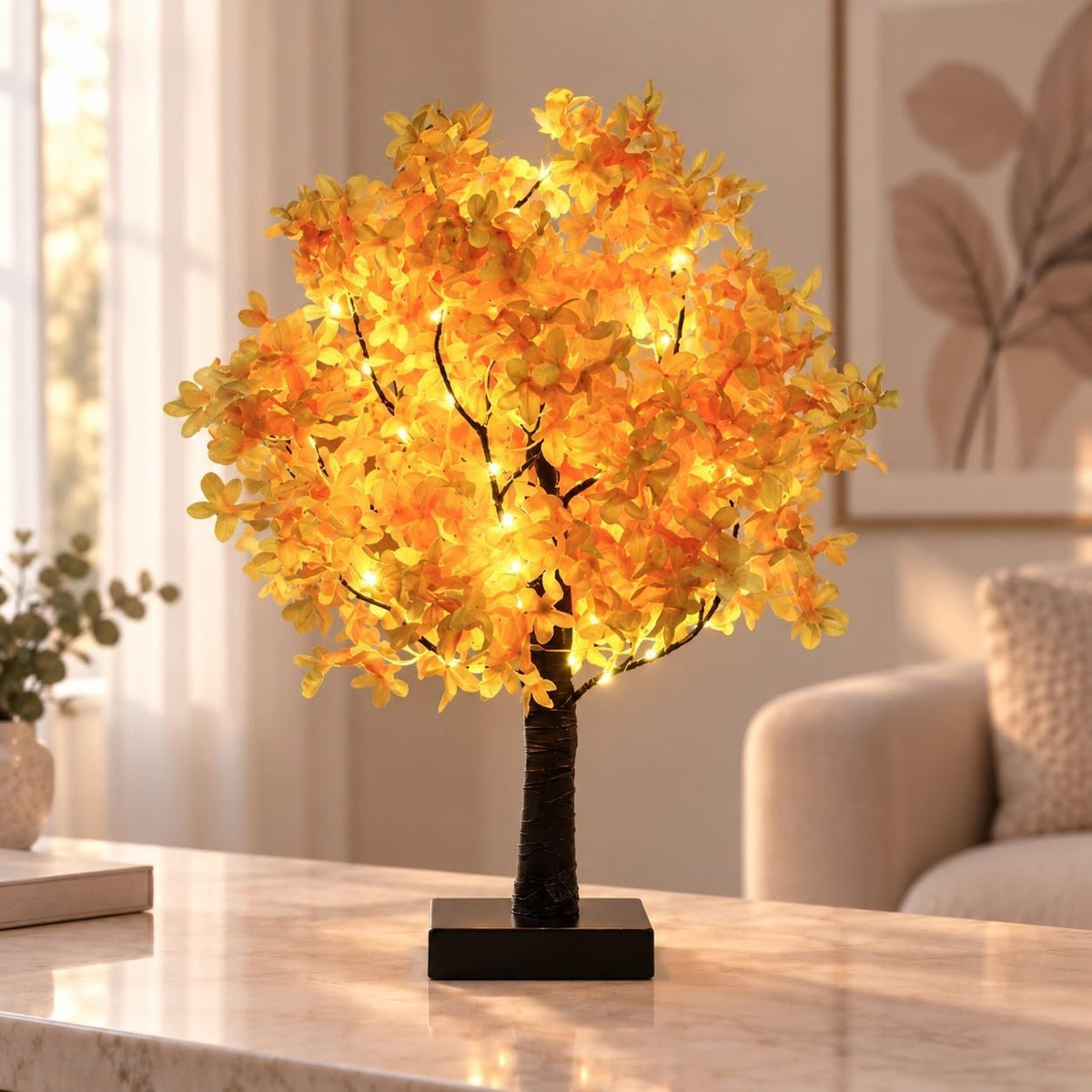 Cherry Blossom Tree Light, LED Tabletop Flower Lamp for Indoor Decor | Faux blossoms and bendable branches bring a soft glow to bedroom deco for flower lovers.(Yellow)