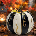 Farmhouse Lighted Pumpkin Figurine Resin Black White Striped Gold Swirl | Warm Flickering Glow Glowing Centerpiece Fall Halloween Thanksgiving Indoor Table Fireplace Autumn Decor