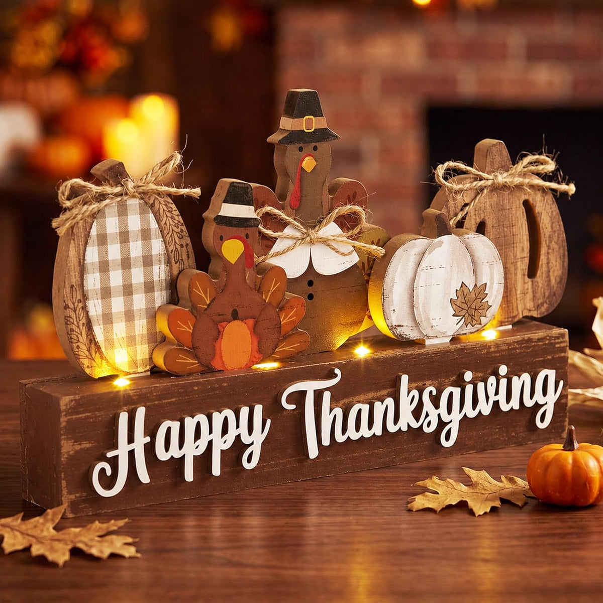 Chunful Lighted Pumpkins Teble Decor Rustic Fall Tabletop Sign | Fall Thanksgiving Table Centerpiece, 7.95×4.49 Inch Lighted Wooden Pumpkin for Home Office Fireplace Harvest Party Decor