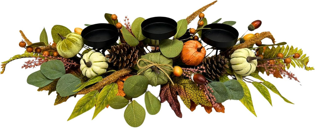 Svndlyn 26 Inch Fall Candle Holder Centerpiece with Pumpkins Pinecones | Three Black Candle Cups with Eucalyptus Leaves, Acorn and Berry Accents for Fall, Harvest and Thanksgiving Decor