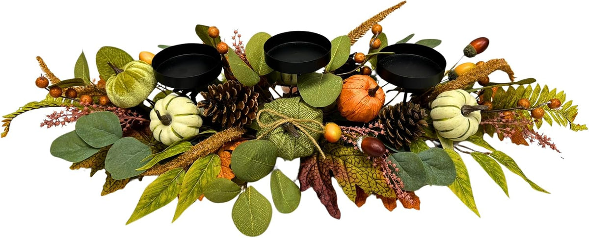 Svndlyn 26 Inch Fall Candle Holder Centerpiece with Pumpkins Pinecones | Three Black Candle Cups with Eucalyptus Leaves, Acorn and Berry Accents for Fall, Harvest and Thanksgiving Decor