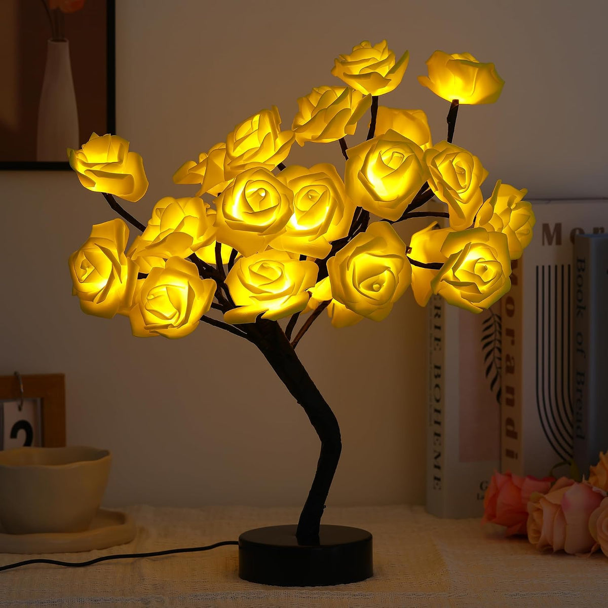 Drawelry Rose Flower Tree Lamp - LED Rose Tree Table Lamp USB/Battery Powered Artificial Bonsai Flower Night Light for Bedroom Living Room Party Wedding Valentines Mothers Day Decor (Red)