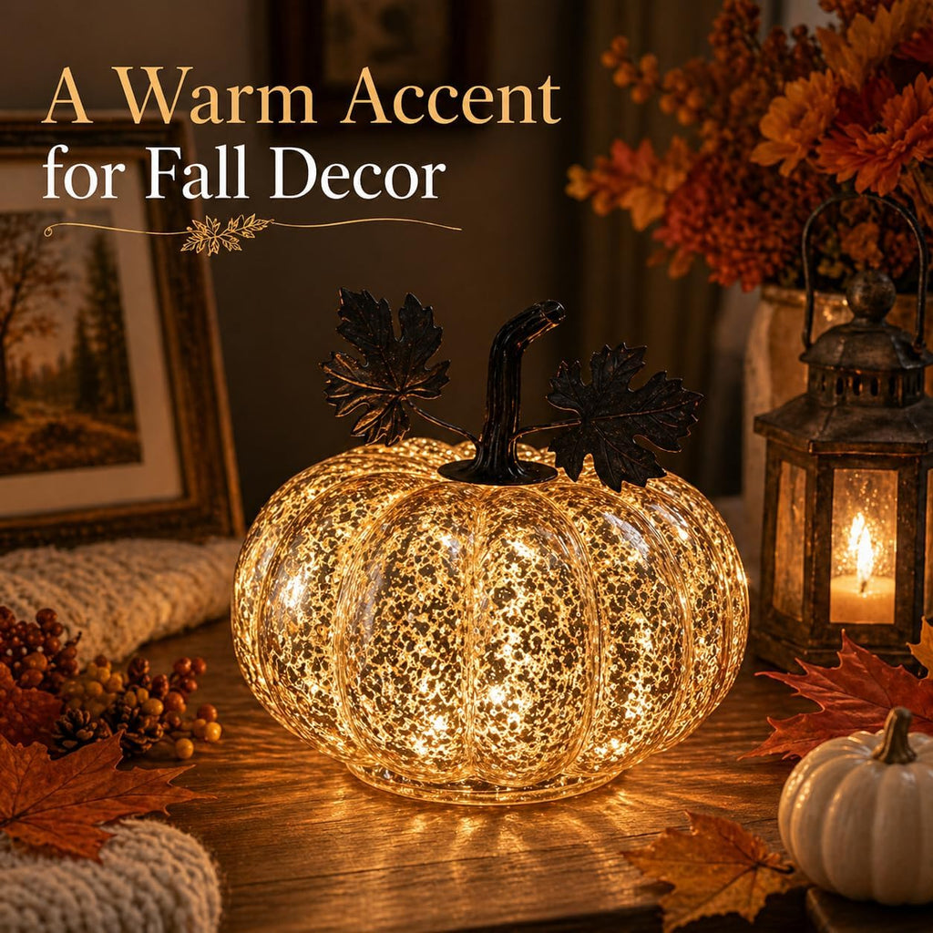Mercury Glass Pumpkin Light with Timer, 6 Inch Gold Battery Operated LED Pumpkin Decor with 10 Warm Fairy Lights, Light Up Fall Halloween Thanksgiving Table Centerpiece for Home Mantel Shelf