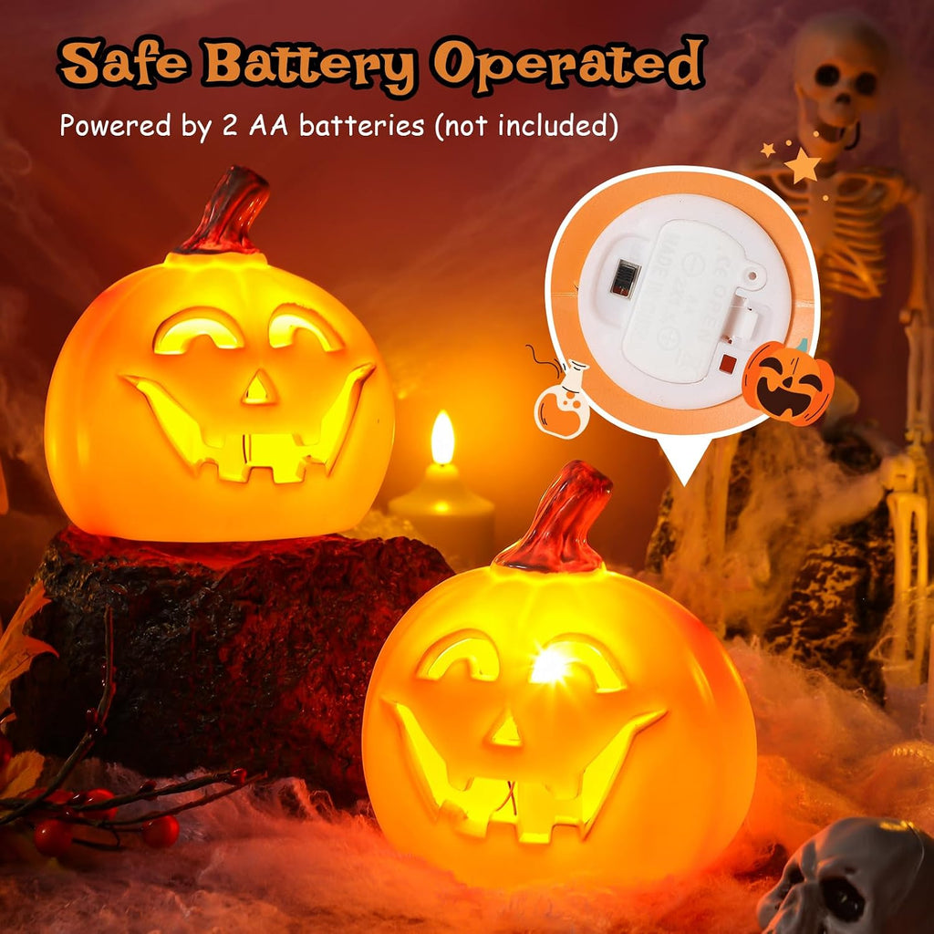Kittmip 2 Pcs Halloween Jack O Lantern Pumpkins, Orange Warm Light | Battery Operated LED Lights, Light up Decor Indoor Outdoor, Spooky Carved Face for Halloween Party Porch Yard, Safe Flameless