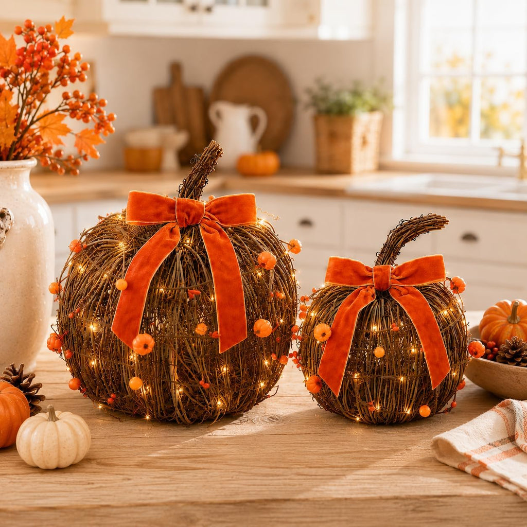 KnomeKo Lighted Fall Pumpkin Decor 2 Pack Rattan Pumpkins with Velvet Bow | Wicker Pumpkin Rustic Autumn Fall Decorations for Thanksgiving Farmhouse Harvest Mantel Entryway Centerpieces