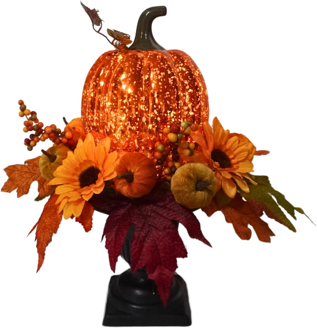 Svndlyn 15 Inch Lighted Fall Pumpkin Arrangement with Pumpkin, Daisies | 15 LEDs with Mercury Glass-Style Pumpkin, Mini Pumpkins, Maple Leaves and Berry Clusters for Fall Thanksgiving Harvest Decor