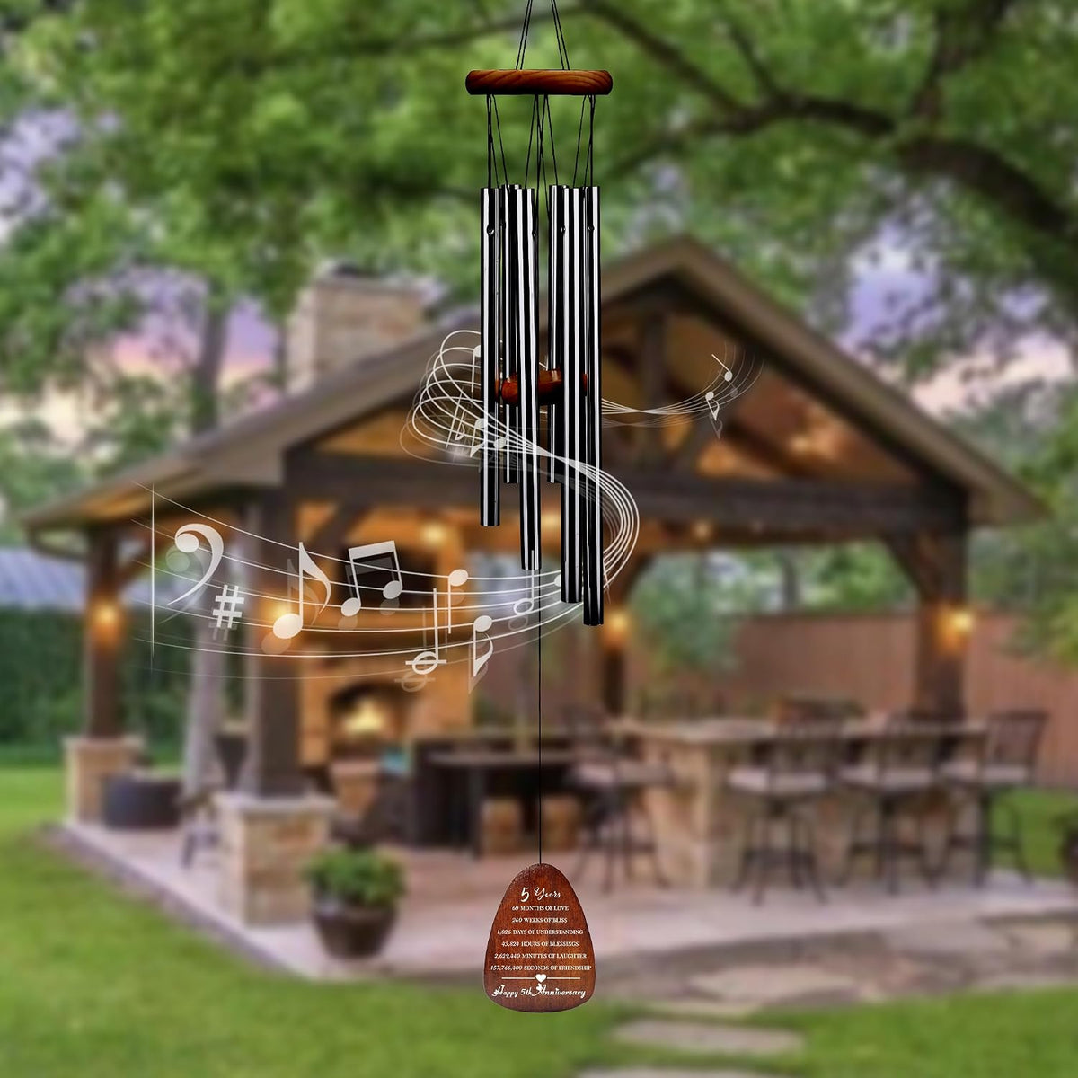 5 Years Anniversary Wind Chime, Happy 5th for Husband Wife Couples, 5 Years of Marriage, Wood Wedding Keepsake Gifts, Wooden Wedding