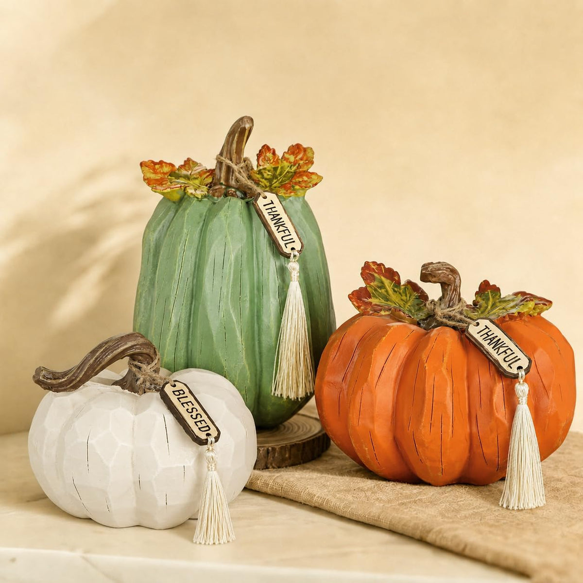 Briful 3PCS Fall Pumpkins Knitted Crocheted Decorative Rope Pumpkins, Cream | 7'' / 6.25'' / 5.5'' Autumn Pumpkins for Fall Centerpiece, Thanksgiving, Halloween Decorations, Farmhouse Home Indoor