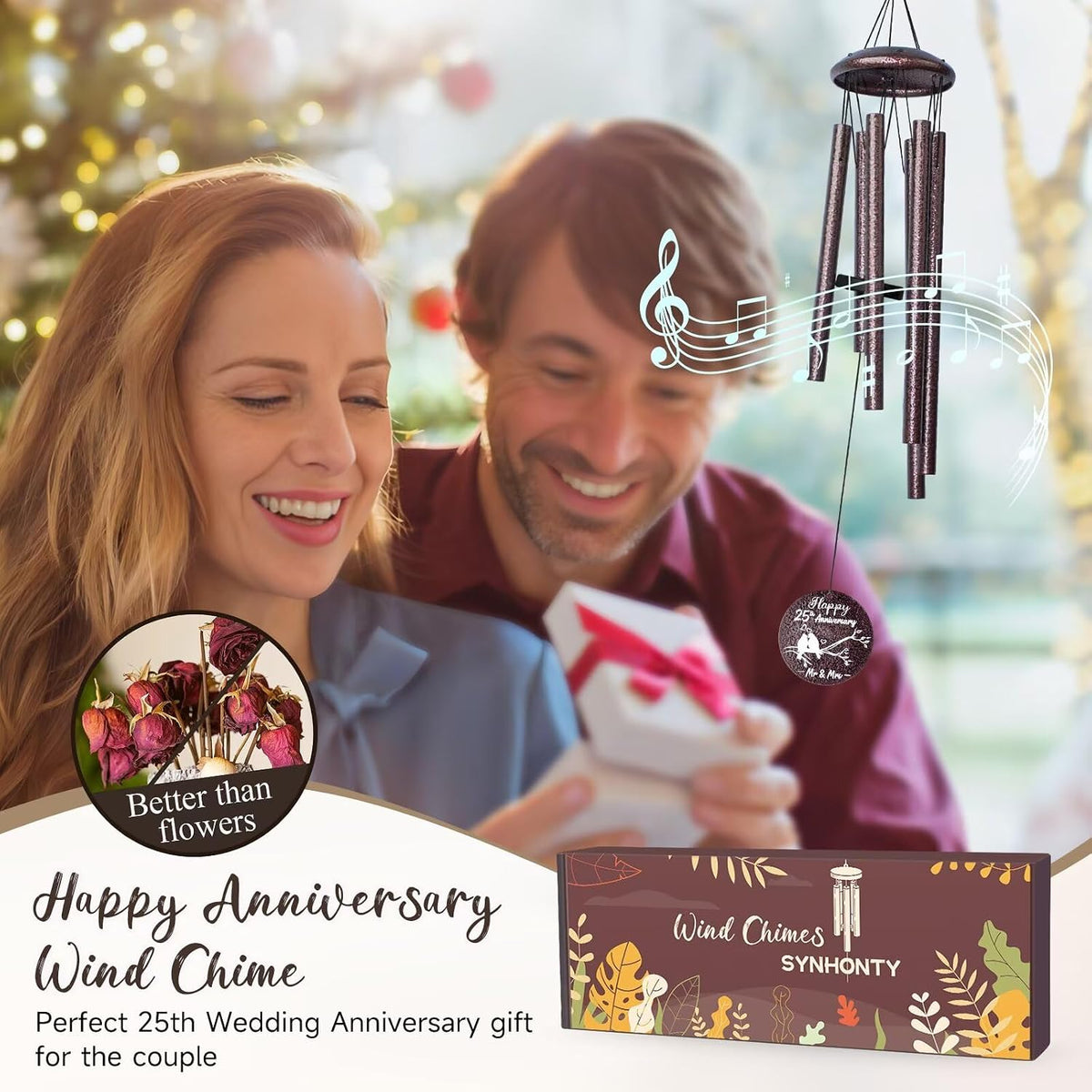 Anniversary Wind Chimes Gifts for Men Women, Happy Anniversary Decorations, 25 Wind Chimes Romantic Gift for Couple, Parents, Wife, Husband, Friends (25th