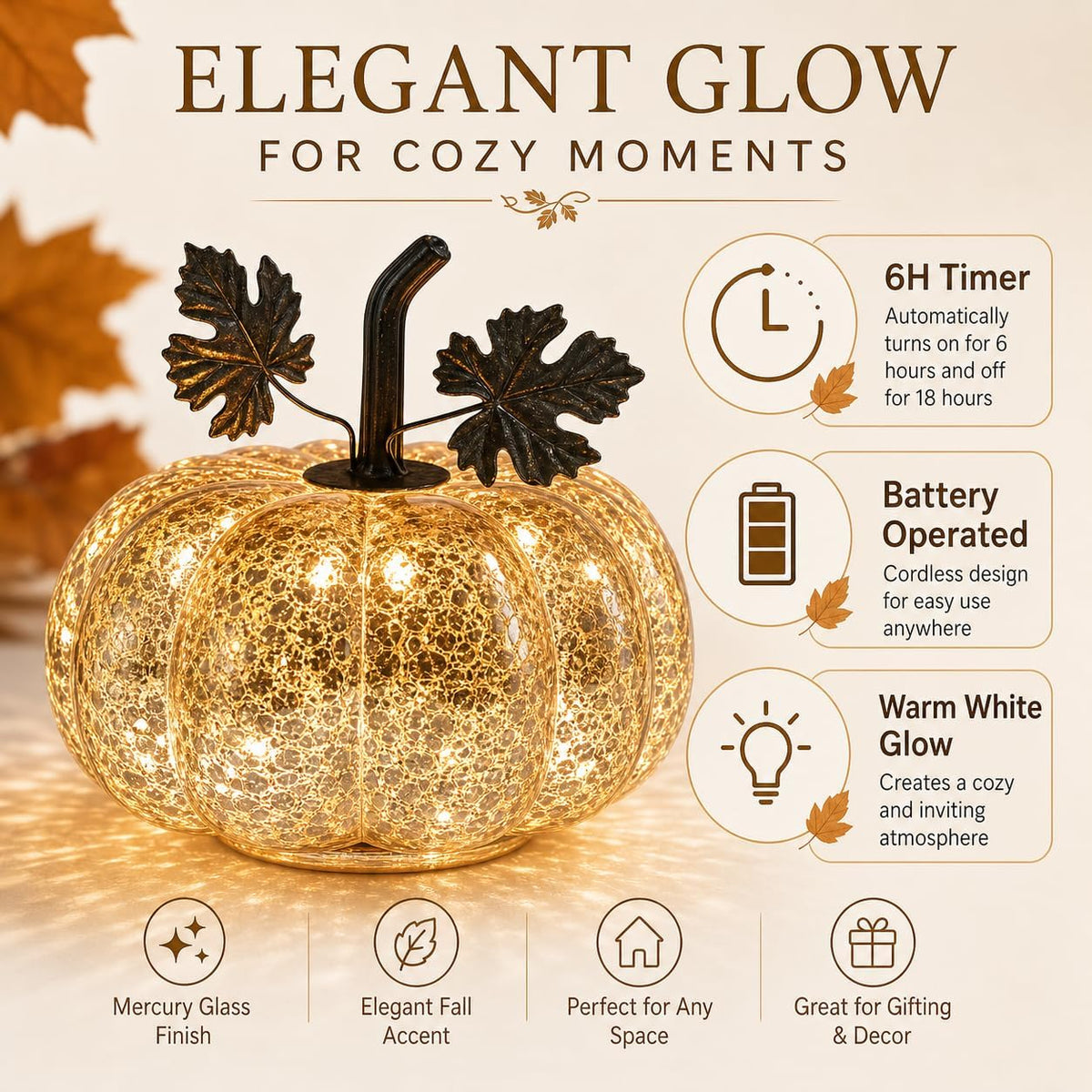 Mercury Glass Pumpkin Light with Timer, 6 Inch Gold Battery Operated LED Pumpkin Decor with 10 Warm Fairy Lights, Light Up Fall Halloween Thanksgiving Table Centerpiece for Home Mantel Shelf