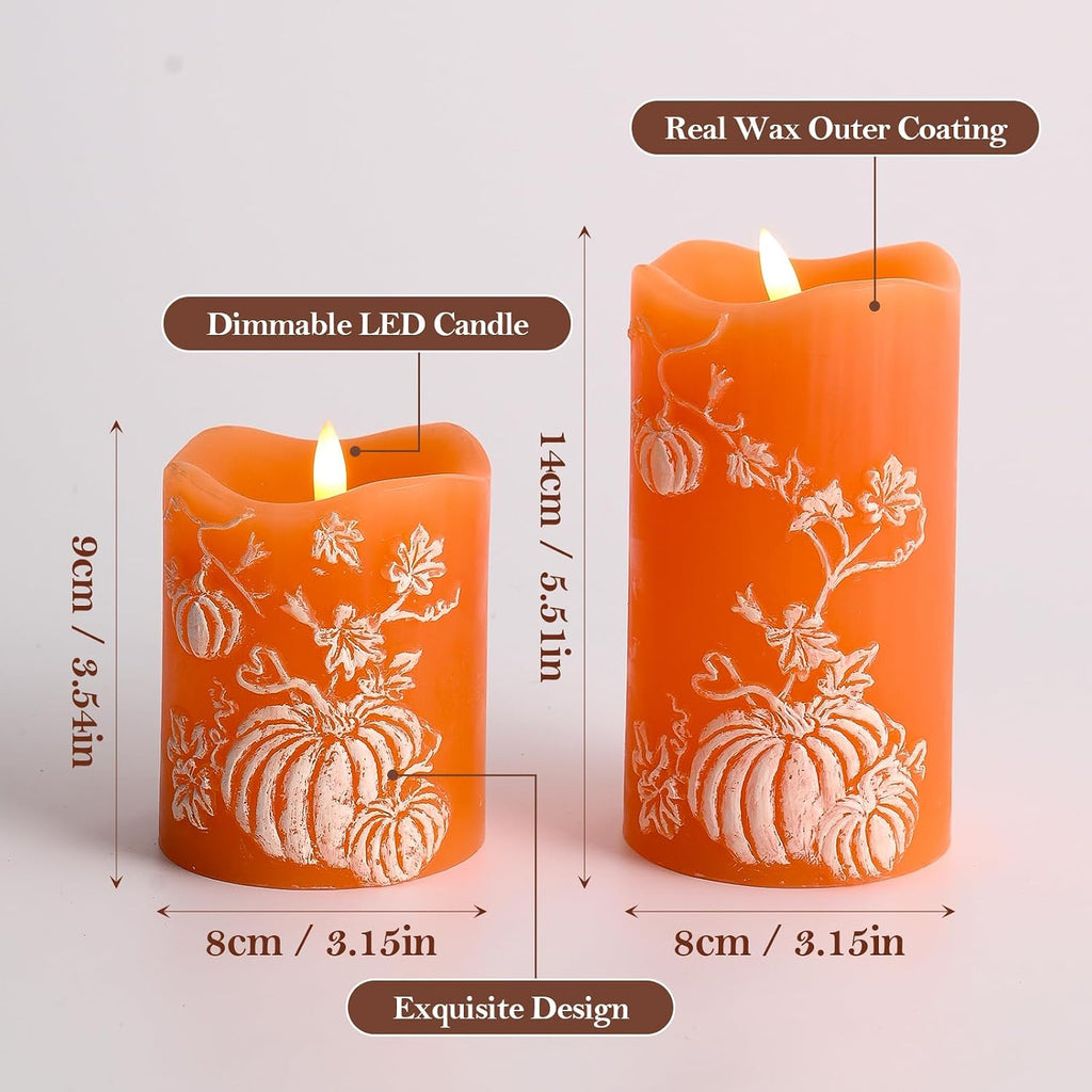 DN DECONATION Fall Decorations for Home, Flameless Pumpkin LED Candles | Orange & White, Real Wax, Pumpkin Embossed, Battery Operated Candles, Perfect for Autumn Thanksgiving, Home Table Decor, 2PCS