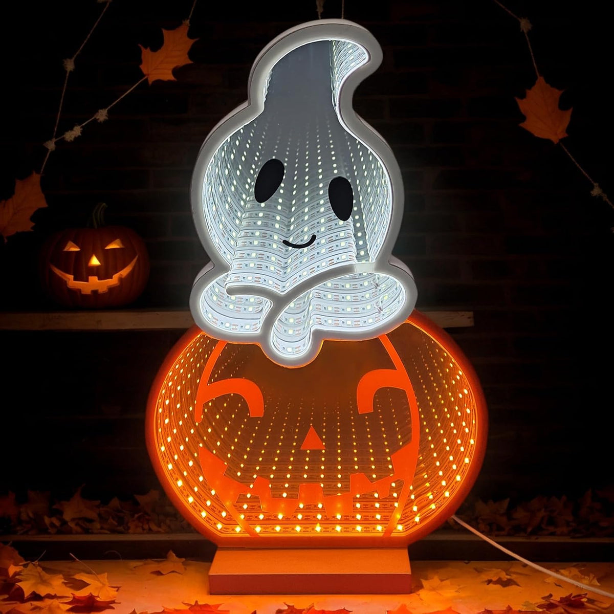 Infinity Fall Pumpkin Décor, Light Up Harvest Pumpkin Lights with USB Powered,8.58 Inch H Standing Fall Pumpkin for Table,Shelf or Room Decoration