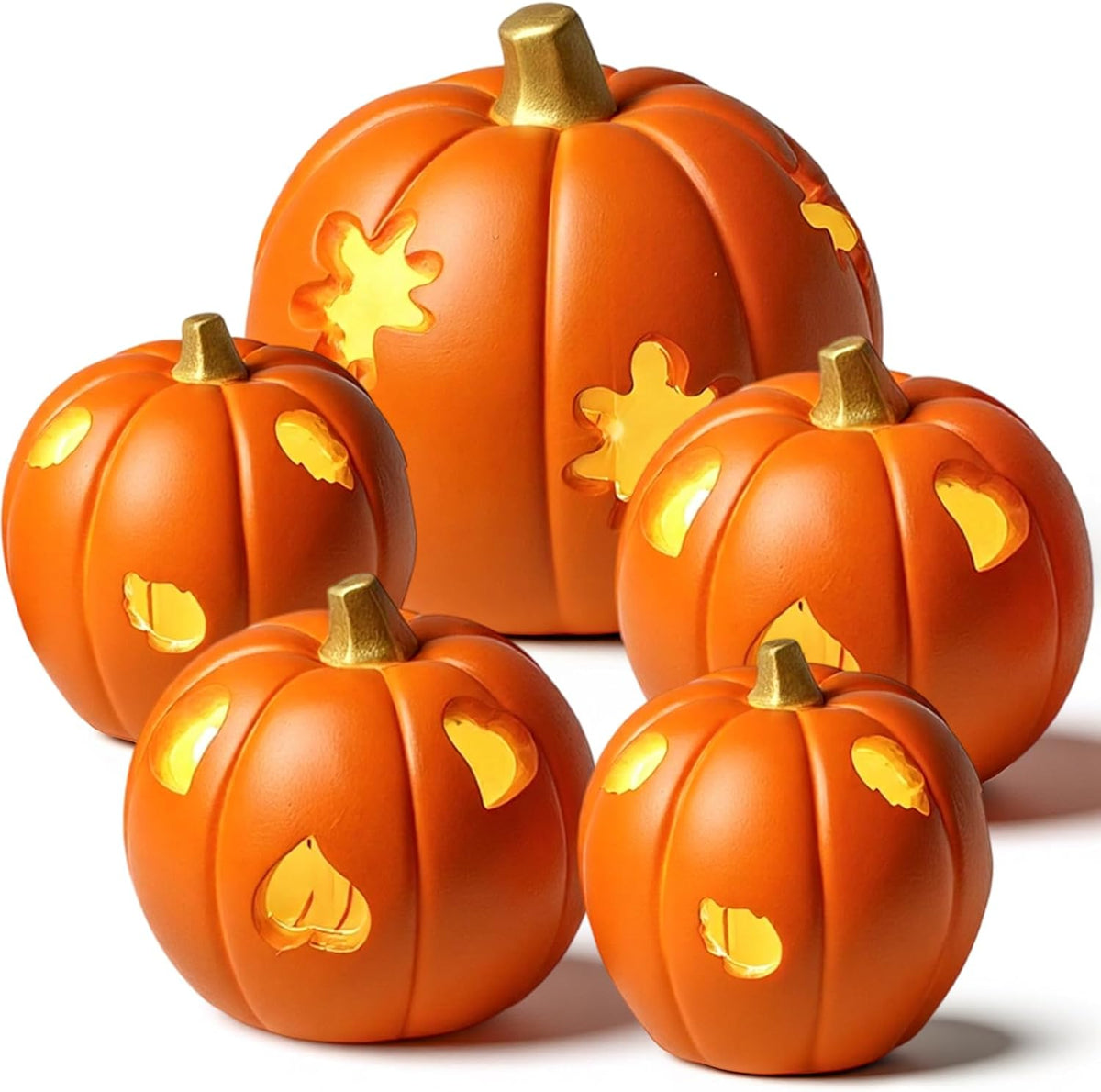Geelin 5 Pack Halloween Lighted Pumpkin Decor for Table Centerpiece, Orange | Various Sizes Hollow Carved, Warm LED for Thanksgiving Centerpiece, Mantel Windowsill Autumn Indoor Home Decorations