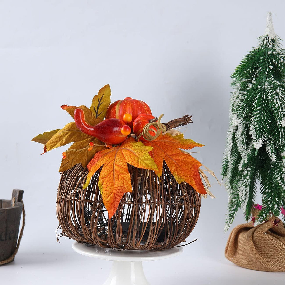 8 Inch Lighted Pumpkin Fall Decor – LED Thanksgiving Decoration with Maple Leaves, Berries, and Pumpkin, Autumn Harvest Centerpiece for Table, Indoor Outdoor Outdoor Pumpkins for Porch Home Display