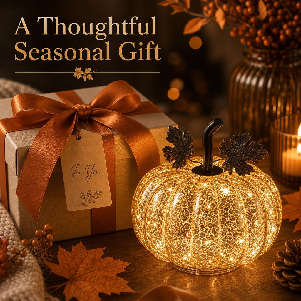 Mercury Glass Pumpkin Light with Timer, 6 Inch Gold Battery Operated LED Pumpkin Decor with 10 Warm Fairy Lights, Light Up Fall Halloween Thanksgiving Table Centerpiece for Home Mantel Shelf