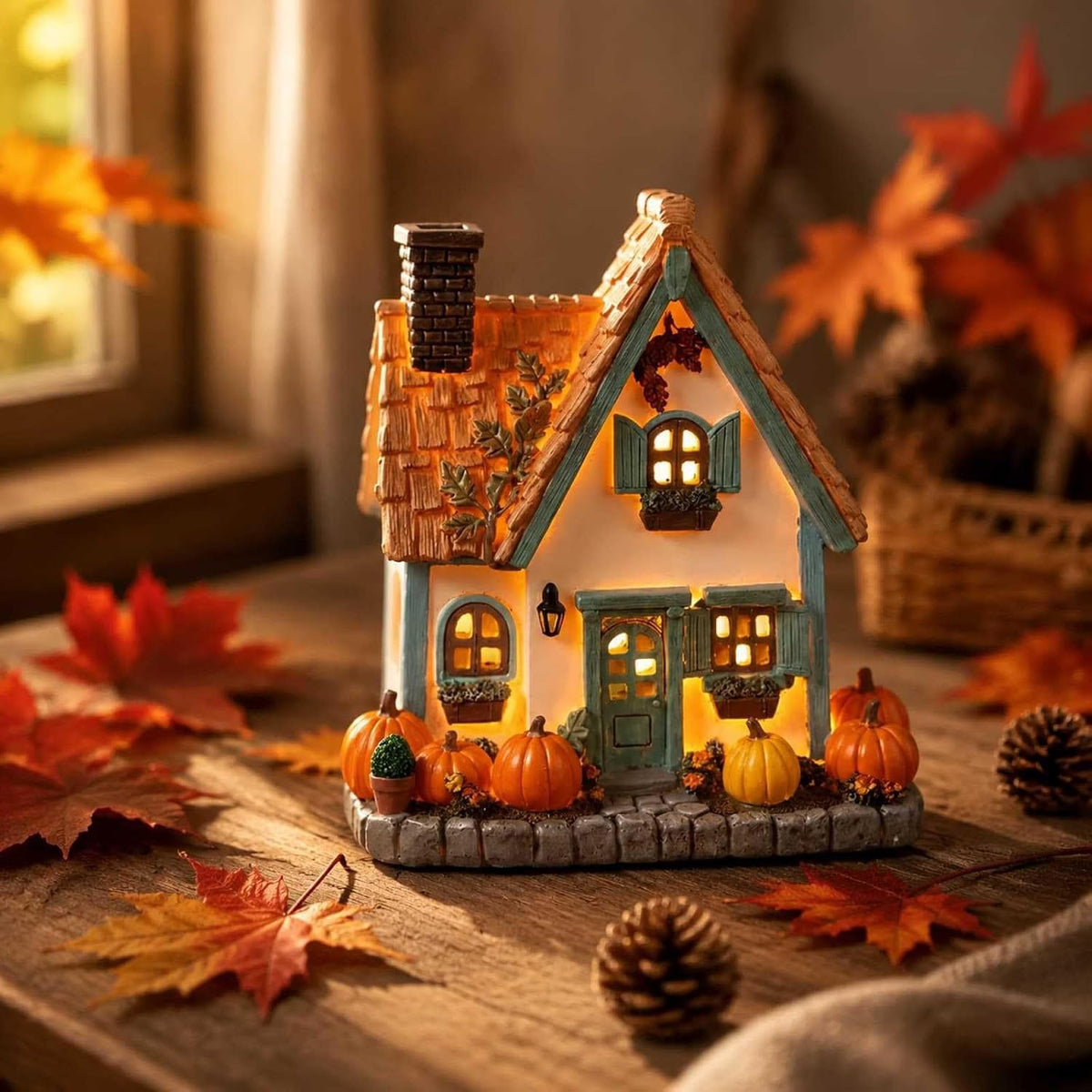 Lighted Resin Pumpkin House, LED Warm Glow Cottage Tabletop Decor | Hidden LED Inside, Auto Timer, Stone Base, 19cm Tall, No Assembly, for Mantel Entryway Shelf