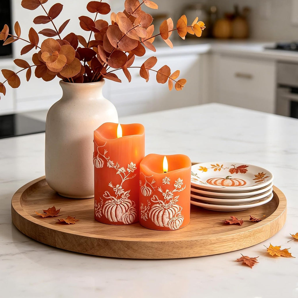 DN DECONATION Fall Decorations for Home, Flameless Pumpkin LED Candles | Orange & White, Real Wax, Pumpkin Embossed, Battery Operated Candles, Perfect for Autumn Thanksgiving, Home Table Decor, 2PCS